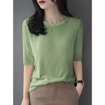 round Neck Half Sleeve Ice Silk Women s Summer Shoulder Bottoming Shirt Jungle Green M