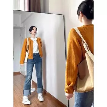 round-Neck High Waist Knitting Zipper Cardigan Short Sweater Orange M