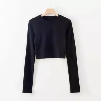 round Neck Long Sleeve Slim Stretch Solid Color Top T-shirt Black M