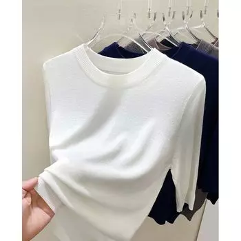 round Neck Loose Slim Looking Early Autumn New Product Mid-Sleeve Sweater White 2XL