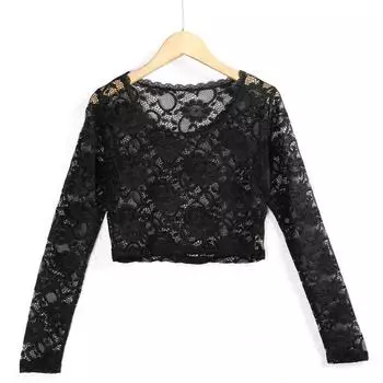 round Neck Pullover Lace Long-Sleeved Short Sexy Lace Shirt Black L