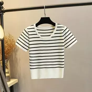 round Neck Pullover Thin Ice Silk T-shirt Striped Sweater Black and white stripes M