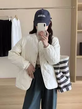 Round neck rhombus light down jacket women s short autumn and winter new loose fashion collarless thin coat S (80-60kg wearable)