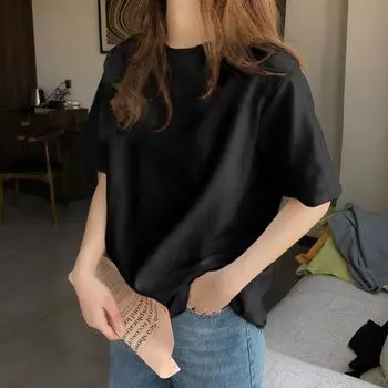 round Neck Simple Basic Shoulder T-Shirt Women s Top Summer Heavy Weight Pure Cotton Loose Easiest for Match Ins Trendy Pure Color Short Sleeve Black L(54.50 kg-60.00 kg)