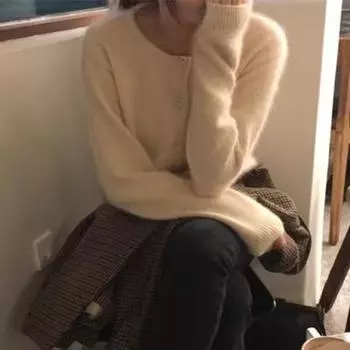 round Neck Spring & Fall Winter Korean Versatile Short Type Woolen Sweater Beige Apricot 2XL