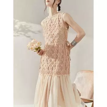 round Neck Vest Lace Waist Hugging Long dress French style Romantic Mesh Patchwork Dress Women 2025 Summer New Champagne Dress S