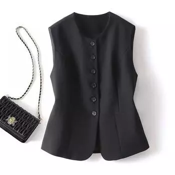 round Neck Vest Women s Vest 2025 New Spring and Autumn Tops Waist-Tight Silm Small Suit Sleeveless Short Vest 2420 Black vest M