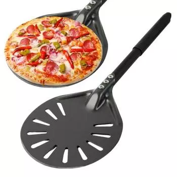 Круглая кожура для переворачивания пиццы, длинная ручка, антипригарное покрытие, легкий перфорированный, анодированный алюминиевый сплав, домашний токарный станок для пиццы, лопаточка-спиннер