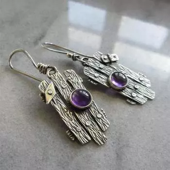 Round Purple Zircon Crystal Hook Earrings Vintage Silver Color Carved Metal Dangle Earrings for Women