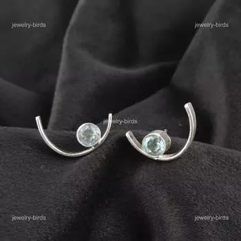 Round Sky Blue Topaz Stone Sterling Silver Ethnic Stud Post Butterfly Earrings EE-145-1