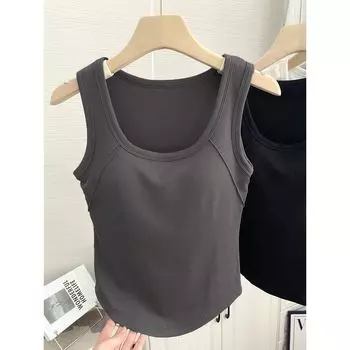 Round Tie Chest Pad Vest Women s Inner Cotton Spring and Summer Thin Wear-Free Bra Sleeveless Versatile Base Tops Outerwear Dark gray Free size (45.00 kg-62.50 kg