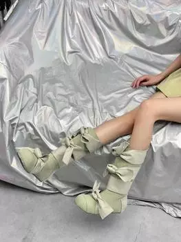 Round Toe Butterfly Knot Boots 2025 Spring Sweet Zipper Outdoor Casual Long Boots Green Fashion Ladies Mid-Calf Boots 35