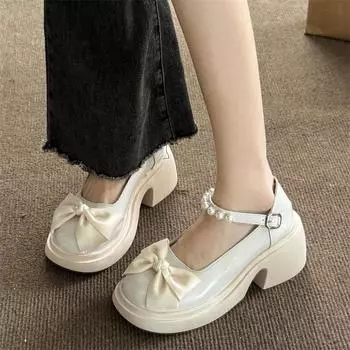 Round Toe Kawaii Lolita Shoes Woman Casual Elegant Pure Color Bow Pumps Non-slip Korean Style Medium Heel Shoes Chic Summer 2024 4.5 чёрный