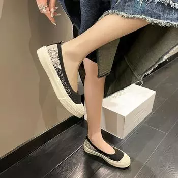 Круглый носок Вязаные туфли на плоской подошве Повседневная женская обувь Женская обувь Слипоны Небольшой вырез Платье Слипоны Дышащие Новые Летние мокасины 35 чёрный