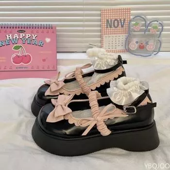 Round Toe Low Heeled Mary Jane Women s Loafers New Retro Height Increasing Shallow Bow for Girls Small Leather Shoes with Heel 35 чёрный