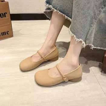 Round toe shallow vintage versatile skirt block heel single shoes women s 2025 new summer white french marie jane shoes 35 бежевый