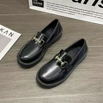 Круглые туфли-лоферы с застежкой-молнией на среднем каблуке с квадратным каблуком 2024 года, высококачественная женская обувь весна/осень, металлические украшения, туфли-лодочки из цельного полиуретана 35 чёрный