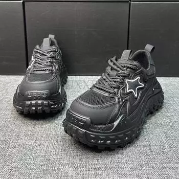 Round Toe Thick Bottom Chunky Heel Women Sneakers Patchwork Lace Up Mesh Popular Casual Sports Runaway Trainer Female Shoes 35 серый