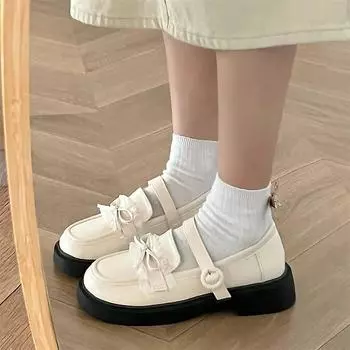 Туфли в стиле Лолиты с круглым носком и толстой подошвой для девочек Милые милые туфли Мэри Джейн Kawaii Lace Butterfly-knot Простые туфли для женщин Повседневные лоферы 4.5 бежевый