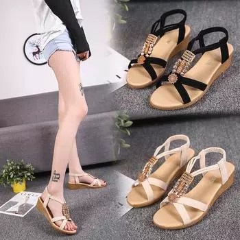 Round Toe Wedge Heel Metal Decorated Fashionable Women s Shoes Flat Wear-resistant Comfortable Casual Sandals 40 чёрный