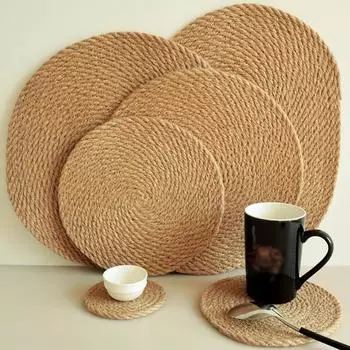 Round Woven Placemats Cup Coaster Hand Woven Hot Insulation Placemats Dining Table Padding Kitchen Decoration Accessories S