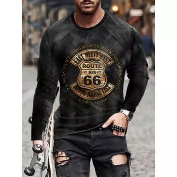 Route 66 Мужская футболка с длинным рукавом Осенняя уличная мода Мужская футболка с длинным рукавом Повседневный мужской топ с длинным рукавом 3D-принт S