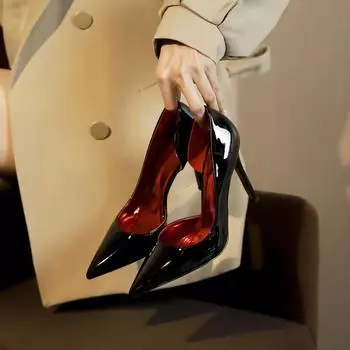 Royal Sister сексуальные черные туфли на высоком каблуке женские красные подошвы пустые маленькие кожаные туфли ~ носите остроносые сандалии 7 см 39