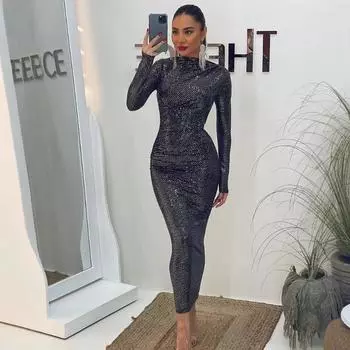 Royal Sister Wind осень-зима женская мода темперамент пайетки длинный рукав однотонное платье S чёрный