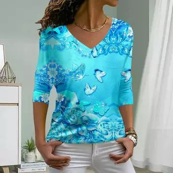 Роза Бабочка Принт Женские Футболки Женские Топы Длинные Рукава V-образный Вырез Пуловер Femme Футболки Футболка Для Женщин XS фиолетовый