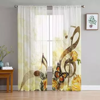 Роза Цветок Ноты Музыка Бабочка Тюль Оконные Шторы Гостиная Органза Прозрачная Вуаль Шторы Спальня Кухня Домашний Декор Драпировка W135 x H115cm x1