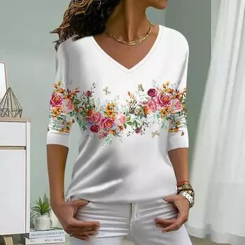 Роза Принт Женские футболки Женские топы Длинные рукава V-образный вырез Пуловер Femme Футболки Футболка для женщин XS синий