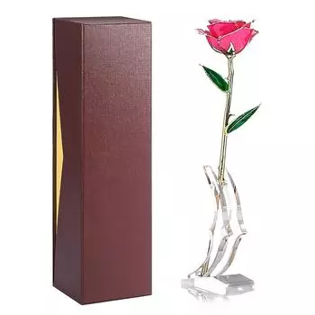 Роза с длинным стеблем, покрытая золотом 24 карата, в подарочной коробке с подставкой (Розовая роза с подставкой)