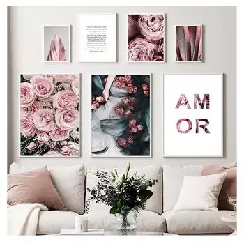 Роза с перьями в скандинавском стиле, настенное искусство, печать на холсте, картина, современный декор для гостиной, скандинавский символ любви, постер 21cm30cm NoFrame