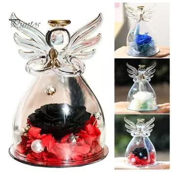 Роза, вечный цветок, ее стеклянная фигурка ангела, реалистичный внешний вид, роза, сохраненная навсегда, настоящая роза, подарок на день матери чёрный