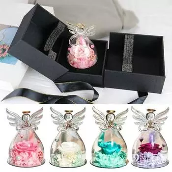 Роза, вечный цветок, ее стеклянная фигурка ангела, реалистичный внешний вид, роза, сохраненная навсегда, настоящая роза, подарок на день матери чёрный