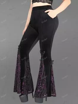 Розегаль Готические брюки-клеш с аппликацией в виде бабочки и цветочным флоком, бархатные лоскутные карманы без застежек L чёрный