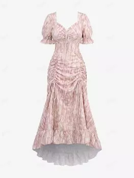 Розегаль Готическое платье с пышными рукавами и цветочным принтом, жаккардовое платье со складками и оборками, с принтом тай-дай, высокое низкое асимметричное платье трапециевидной формы 2XL светло-розовый