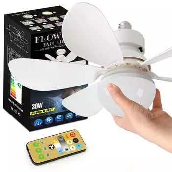 Розетка E27 Светодиодный светильник Основание E27 3 скорости Светодиодная лампа Потолочный вентилятор с регулируемой яркостью Низкопрофильный потолочный вентилятор для спальни Гостиная Кухня белый