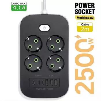 Розетка переменного тока европейского стандарта, адаптер с удлинителем портов USB Type C, кабель 2 м, удлинитель, многоточечная розетка, зарядное устройство, сетевой фильтр