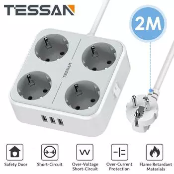 Розетка с 4/6/8 отверстиями, европейская вилка, 2 м, провод с вилкой DE