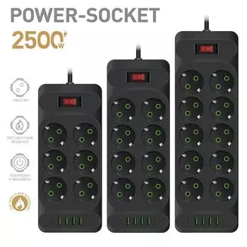 Розетка с европейской вилкой и удлинителем USB типа C. Главный выключатель. Многофункциональная электрическая розетка. Сетевой фильтр. Адаптер переменного тока.