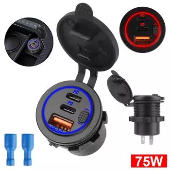Розетка с выключателем питания USB-разъем для зарядного устройства Автомобильные аксессуары для автомобиля Лодка Двойной PD USB-C порт USB-розетка 75 Вт Водонепроницаемая 12-24 В QC 3.0 Blue
