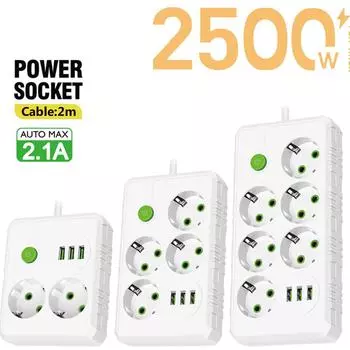 Розетки переменного тока с евровилкой, многоточечная розетка для удлинителя, 2 м, удлинитель, электрический с USB-портами, адаптер сетевого фильтра для быстрой зарядки