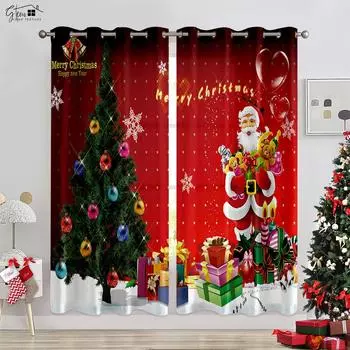 Рождественская 3D-печать Декоративные шторы Рождественская елка Санта-Клаус Подарок Гостиная Спальня Дети Новогодние праздничные шторы W50xH130(CM)x2PCS&Grommet Top