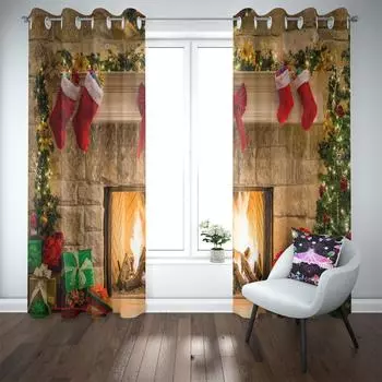 Рождественская 3D занавеска носки колокольчик камин подарочная коробка спальня балкон окно печать декоративная занавеска 2 панели 50W130H(CM)X2PCS&Grommet Top