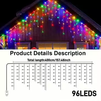 Рождественская 96-светодиодная сосулька, сказочные огни с 8 режимами USB, оконные занавески, уличные садовые карнизы, вечеринка, декор, гирлянды разноцветный