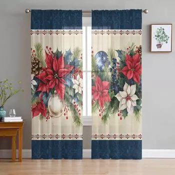 Рождественская акварельная пуансеттия шторы для гостиной спальни украшения дома окна вуаль тюль занавески драпировки W135 x H114cm