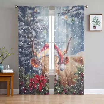 Рождественская акварельная пуансеттия шторы для гостиной спальни украшения дома окна вуаль тюль занавески драпировки W135 x H114cm