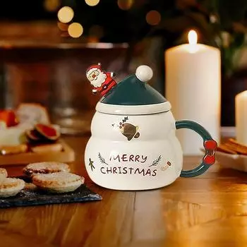 Рождественская чашка для чая 500 мл Керамическая чашка для молока с крышкой в виде рождественской шапки и ложкой Санты Кружка для сока с ручкой для кофе и чая Hot 500ml