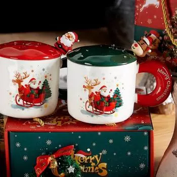 Рождественская чашка с крышкой-ложкой 401-500 мл Керамическая кружка Санта-кофейная чашка Новинка Санта-чай A красный